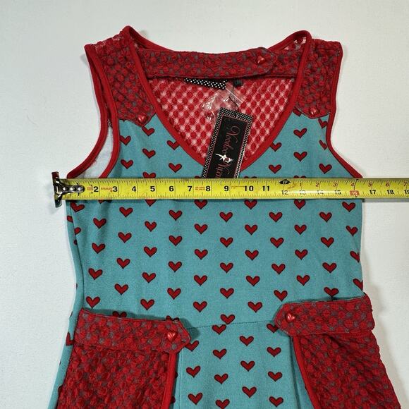 Voodoo Vixen XL NWT Aqua Red Heart Print Retro Pinup Dress Pockets - Picture 9 of 12